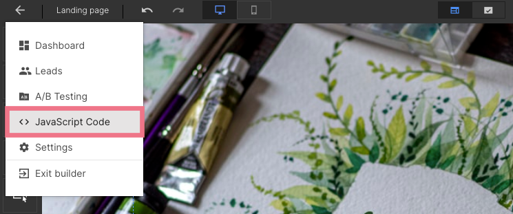 JavaScript code tab for a landing page in Landingi