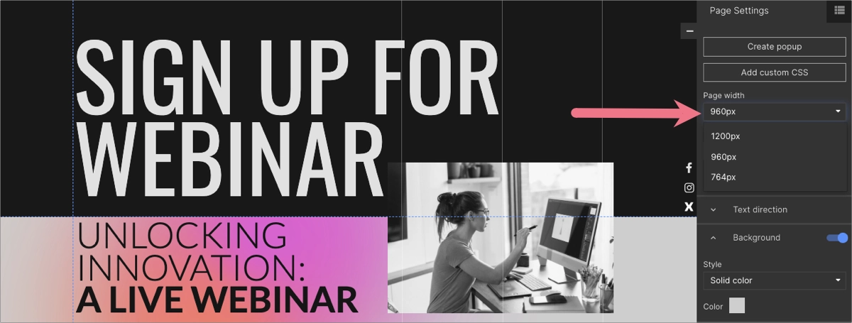 Widok edytora landing page'y