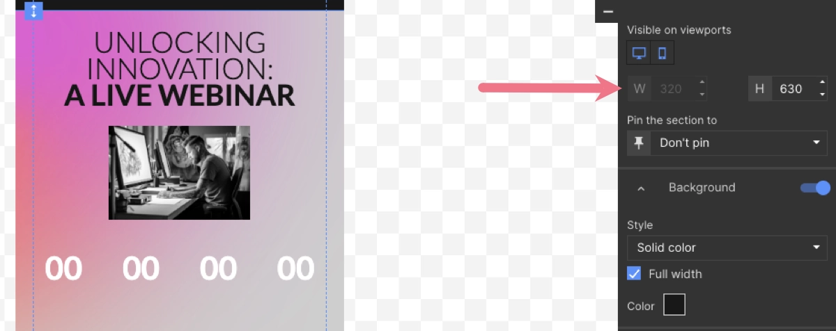 Widok edytora mobilnych landing page'y
