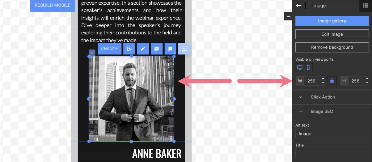 Widok kreatora Landingi ze wskazaniem na optymalny rozmiar obrazów