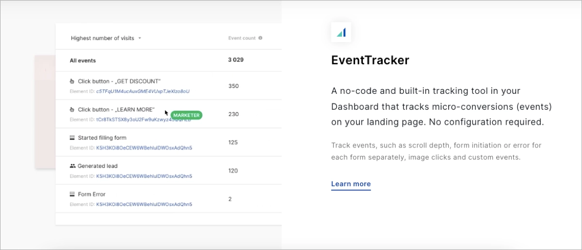 Ferramenta Event Tracker da Landingi para rastrear microconversões e melhorar as macroconversões